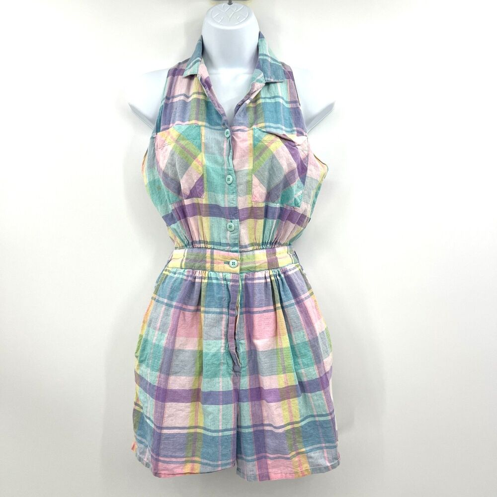 Vintage Ulterior Motives Pastel Plaid Halter Romper Cotton Backless 90s Small